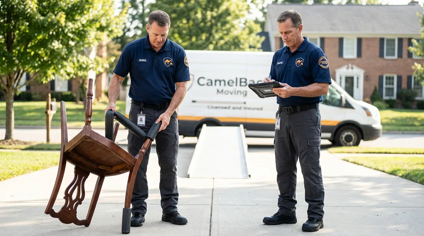 Movers inspecting furniture for damage prevention before loading in Kenansville, NC