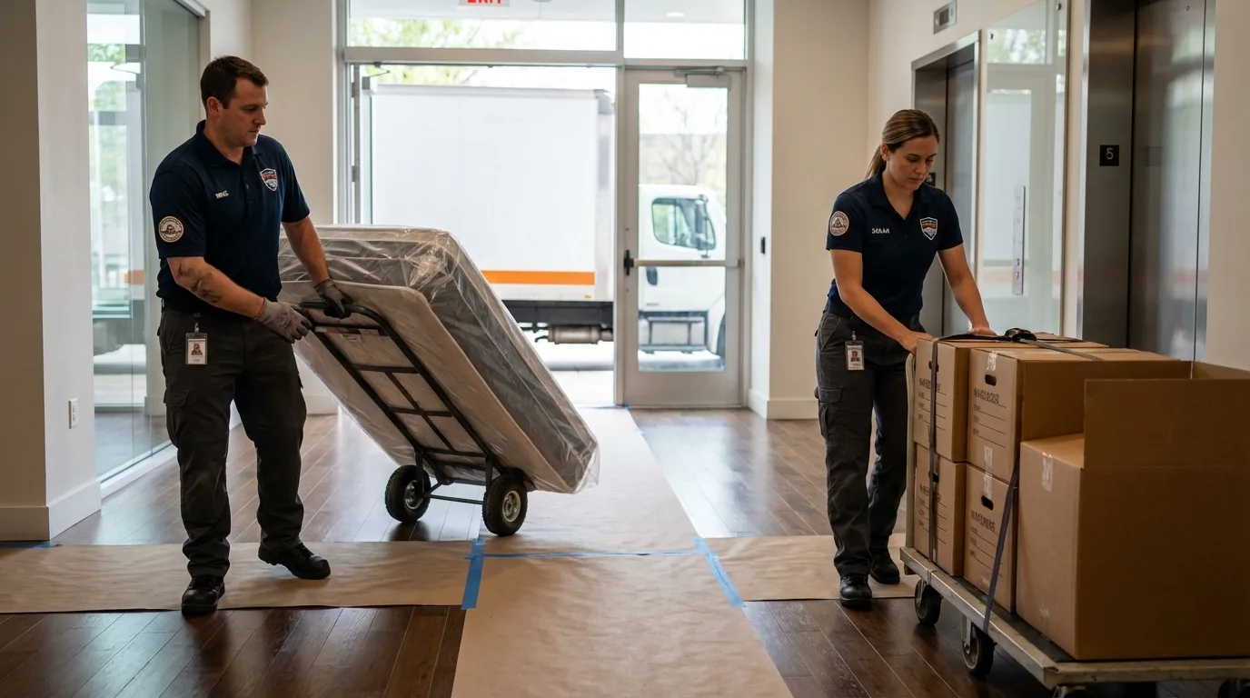 Professional apartment movers loading elevator in Kenansville, NC