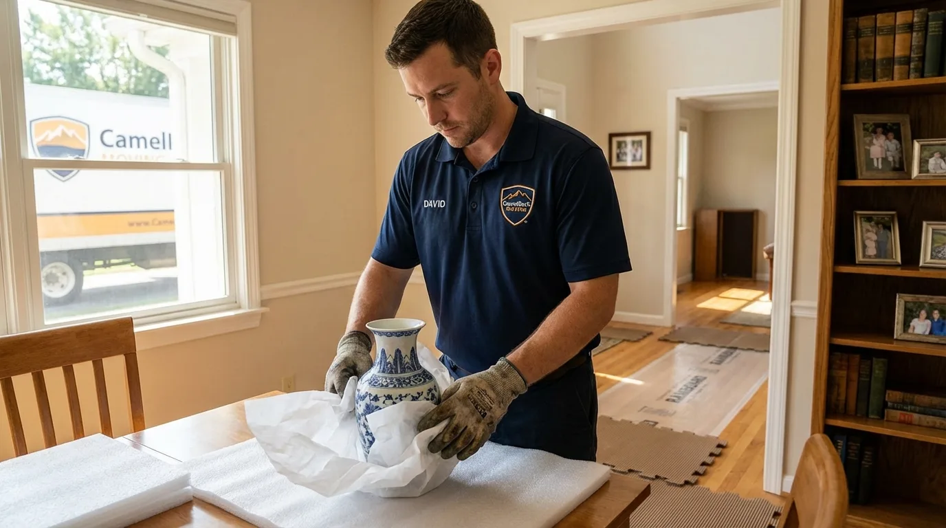 Professional crew carefully wrapping antique vase for senior downsizing move in Kenansville, NC
